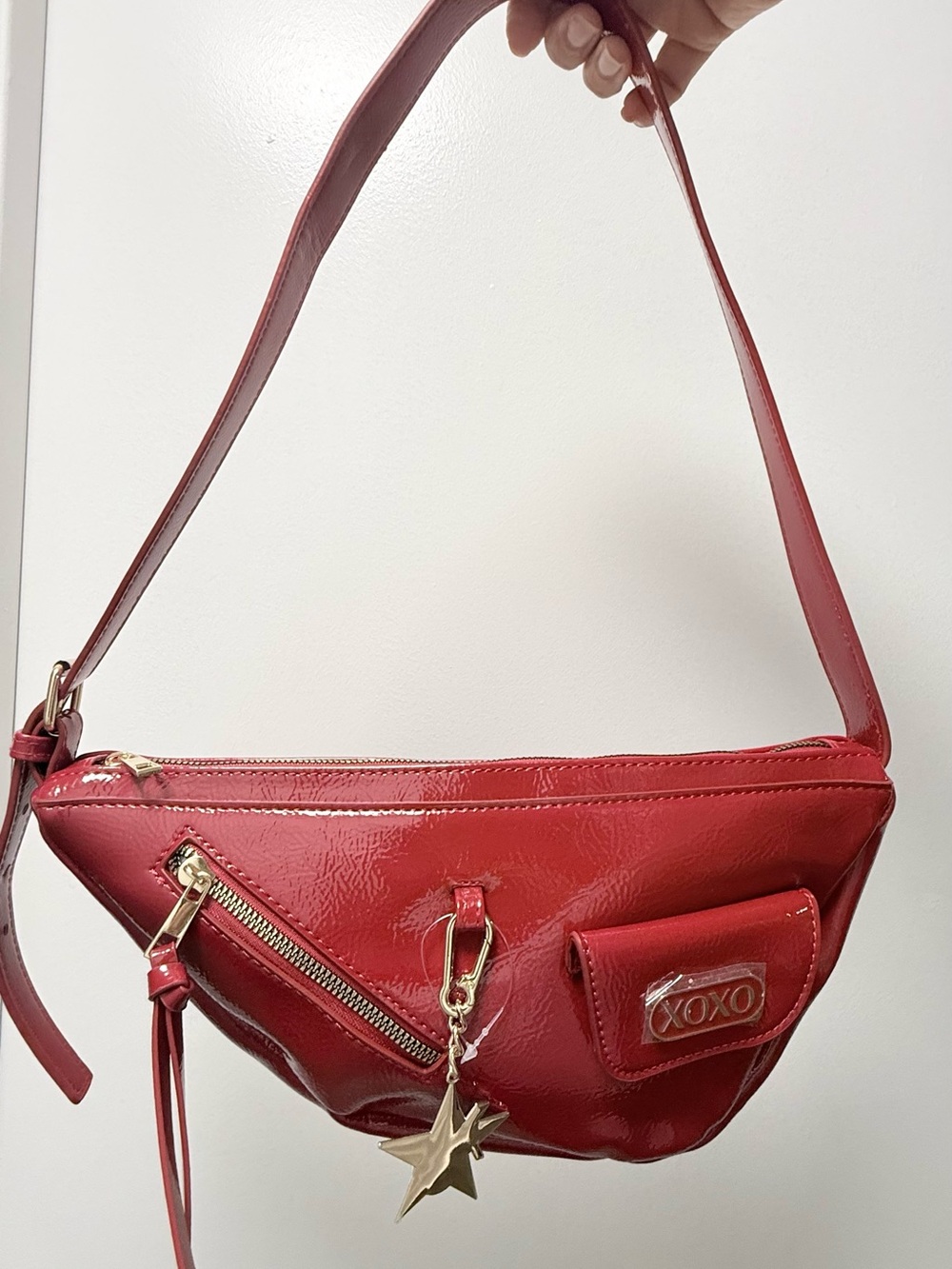 Y2K XOXO Glossy Red Patent Crossbody Belt Bag with Star Charm
